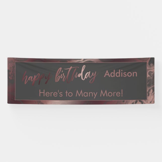 Moderne Rose Gold & Gray Marbled Happy Birthday Banner (Horizontal)
