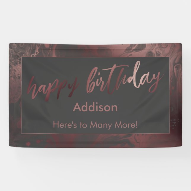 Moderne Rose Gold & Gray Marbled Happy Birthday Banner (Horizontal)