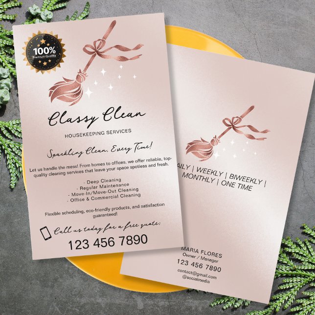 Moderne Rose Gold Housekeeping Reinigungsdienste Flyer (rose gold broom with a bow cleaning services flyer)
