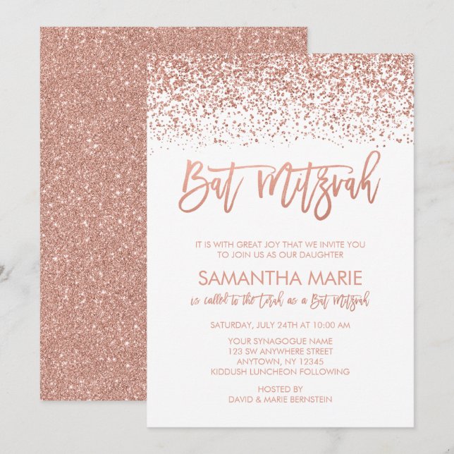 Moderne Rose Gold Imitate Glitzer Bat Mitzvah Einladung (Vorne/Hinten)