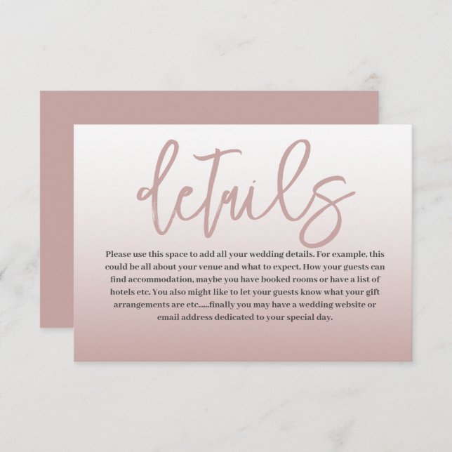Moderne Rose Gold & Kalligrafie Hochzeitdetails Begleitkarte (Vorne/Hinten)
