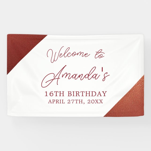 Moderne Rose Gold Kupfer Glitzer Sweet 16 Geburtst Banner (Horizontal)