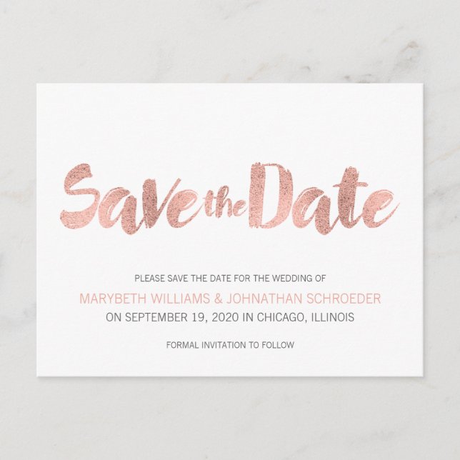 Moderne Rose Gold Liebe Save the Date Postkarte (Vorderseite)