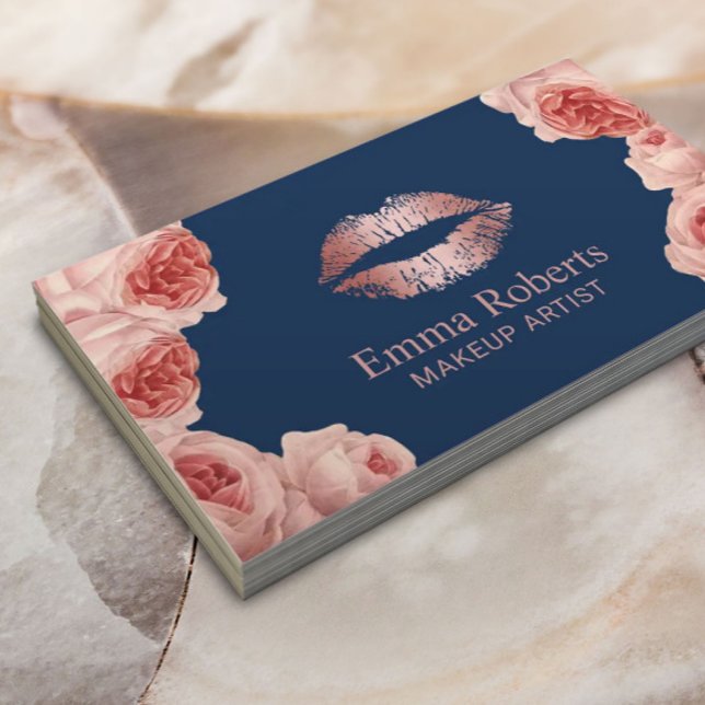 Moderne Rose Gold Lippen Blumen Makeup Marine Visitenkarte (Von Creator hochgeladen)
