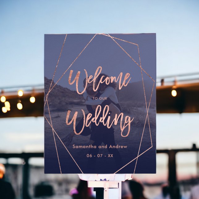 Moderne Rose Gold Marine Foto Begrüßung Poster (Modern rose gold navy photo welcome wedding poster)