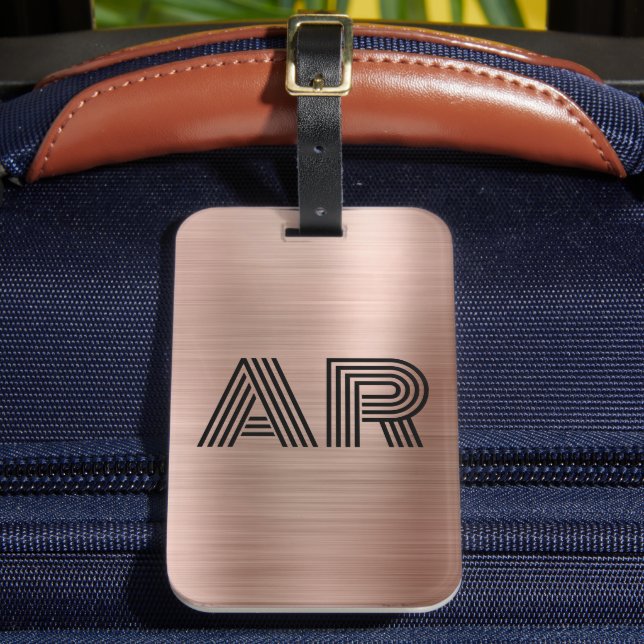 Moderne Rose Gold Metal Two Monogram Ursprünglich Gepäckanhänger (Vorderseite Insitu 2)