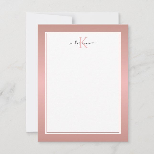 Moderne Rose Gold Monogram Chic Girl Note Card Mitteilungskarte (Vorderseite)