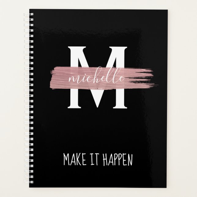 Moderne Rose Gold Monogram & Motivation Black Planer (Vorderseite)
