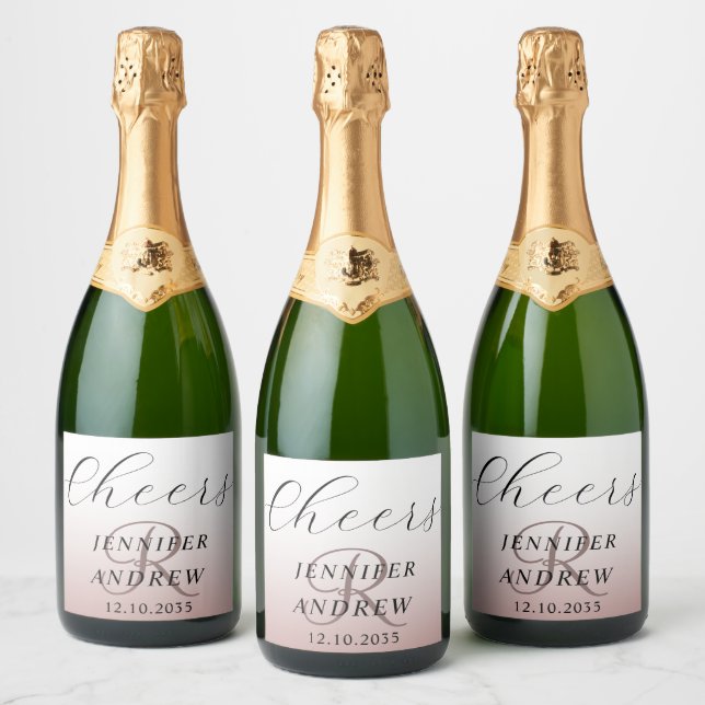 Moderne Rose Gold Monogram Wedding Sparkling Wine (Flaschen)
