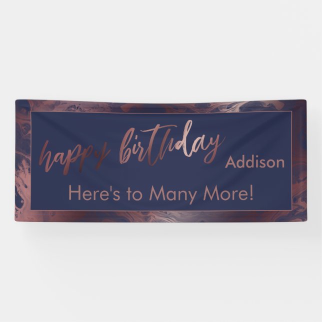 Moderne Rose Gold Navy Blue Marble Happy Birthday Banner (Horizontal)