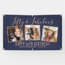 Moderne Rose Gold Navy FotoCollage 50. Geburtstag