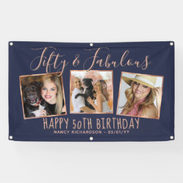 Moderne Rose Gold Navy FotoCollage 50. Geburtstag Banner