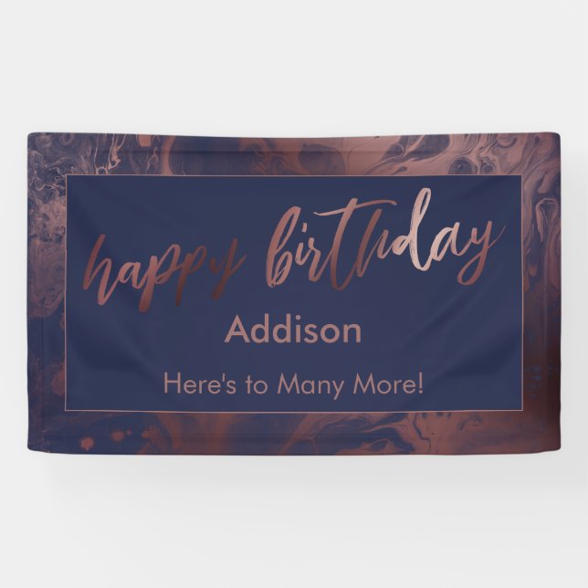 Moderne Rose Gold & Navy Marbled Happy Birthday Banner (Horizontal)