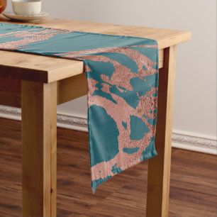 Moderne Rose Gold Pfau Aquamarin Marmor Kurzer Tischläufer
