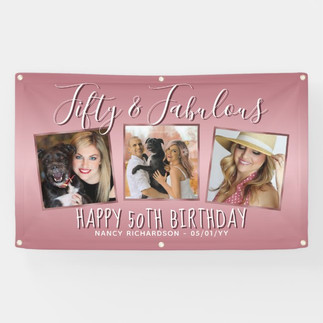 Moderne Rose Gold Pink FotoCollage 50. Geburtstag Banner (Horizontal)