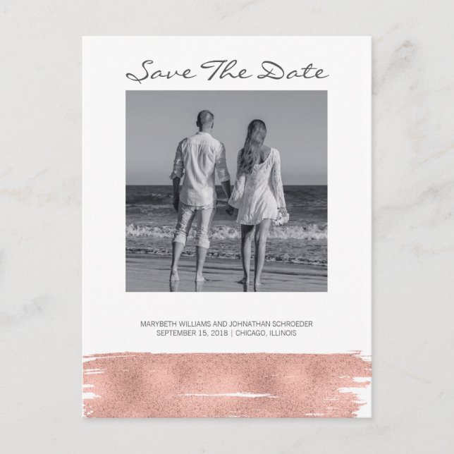 Moderne Rose Gold Pinsel Save the Date Postkarte (Vorderseite)