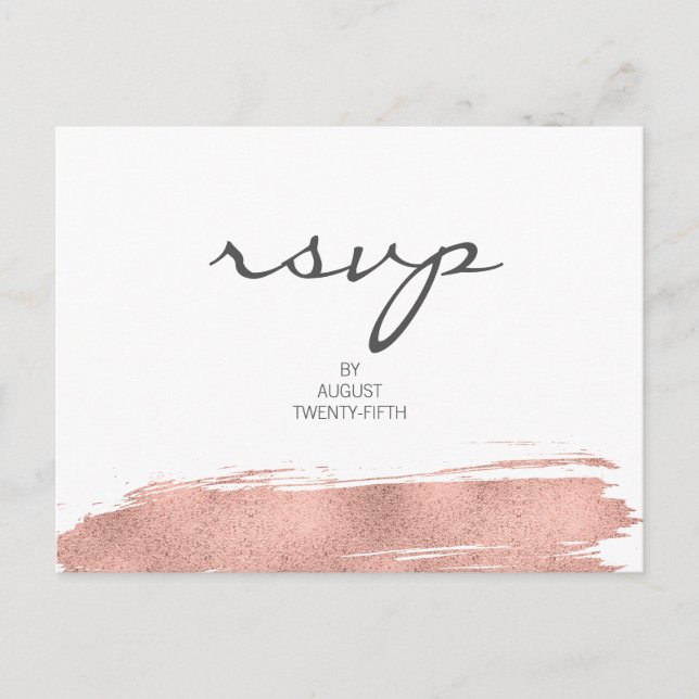Moderne Rose Gold Pinselstrich Hochzeit RSVP Postk Einladungspostkarte (Vorderseite)