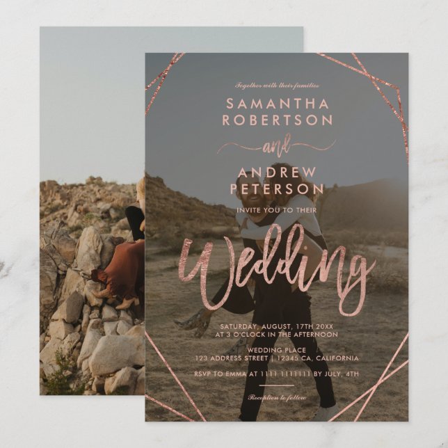 Moderne Rose Gold Rahmen einfache Foto-Skript Hoch Einladung (Vorne/Hinten)