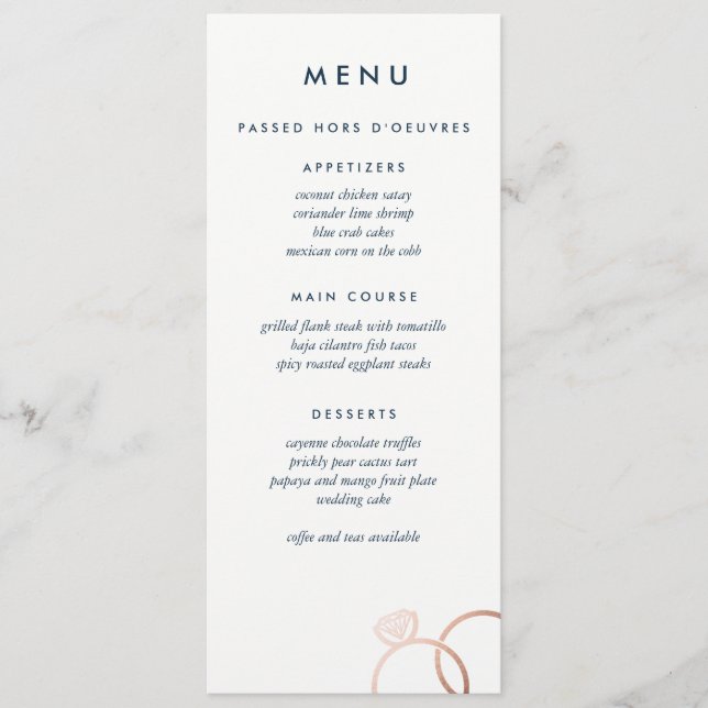 Moderne Rose Gold Rings Custom Wedding Menu Menükarte (Vorderseite)