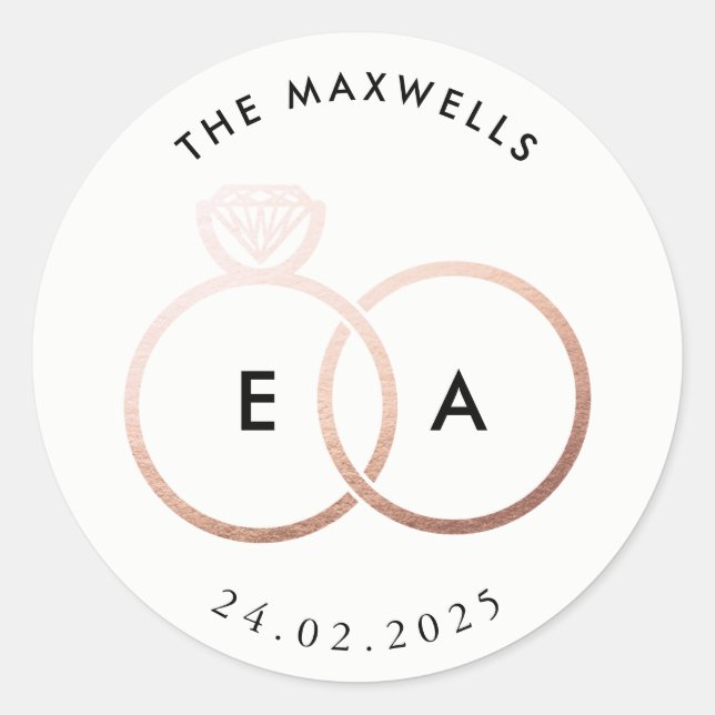 Moderne Rose Gold Rings Custom Wedding Sticker (Vorderseite)