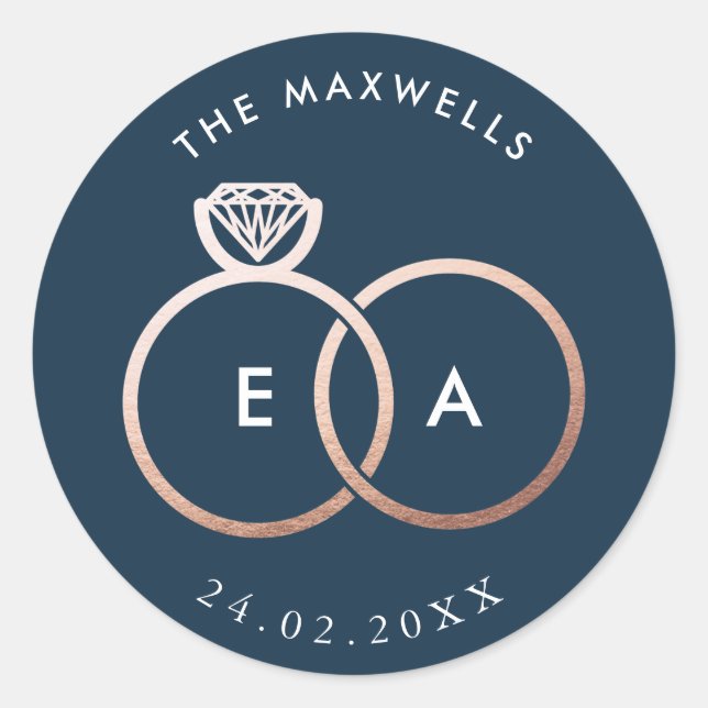 Moderne Rose Gold Rings Navy Blue Wedding Sticker (Vorderseite)