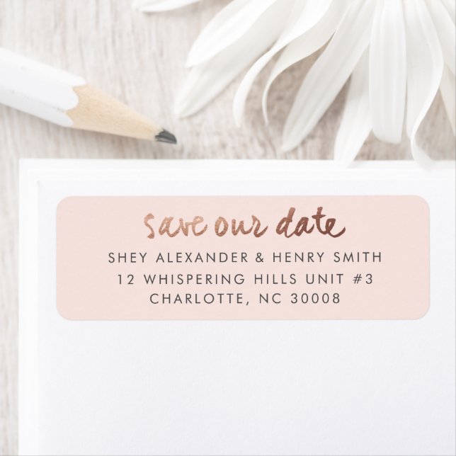 Moderne Rose Gold Save the Date rosa Rücksendeadre (Insitu)