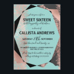 Moderne Rose Gold Schwarz Aquamarin Geometric Swee Einladung<br><div class="desc">Dieses moderne, luxuriöse und elegante 16 . Geburtstag Geburtstagsfest lädt zum trendigen und stilvollen Teenager ein. Es zeigt ein Imitat bedruckte Rose Goldfolie metallisch, schwarz, Holzkohle grau, und aquamarin grün geometrisch und Farbe Spritzer Design. Es ist modern, elegant und einzigartig! ***WICHTIGE HINWEIS FÜR DESIGN: Für individuelle Designanfragen, wie z.B. passende...</div>