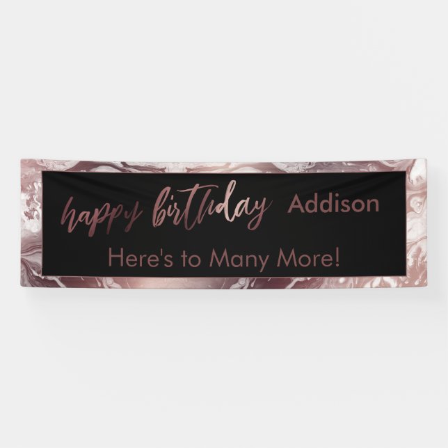 Moderne Rose Gold Schwarz-weiß Marble Happy Birthd Banner (Horizontal)