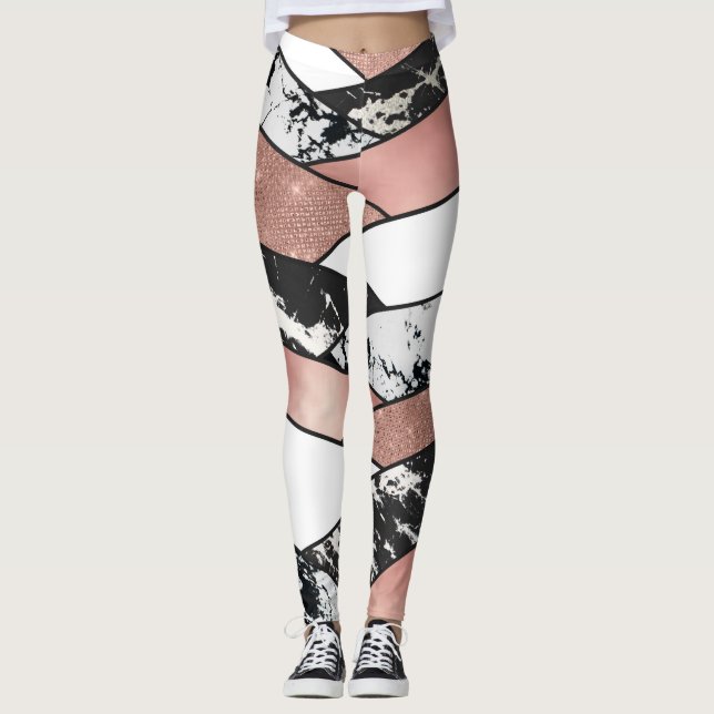 Moderne Rose Gold Schwarzer Glitzer Marble Geometr Leggings (Vorderseite)