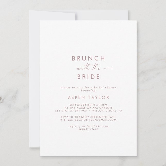 Moderne Rose Gold Script Brunch mit Bride Einladung (Vorderseite)