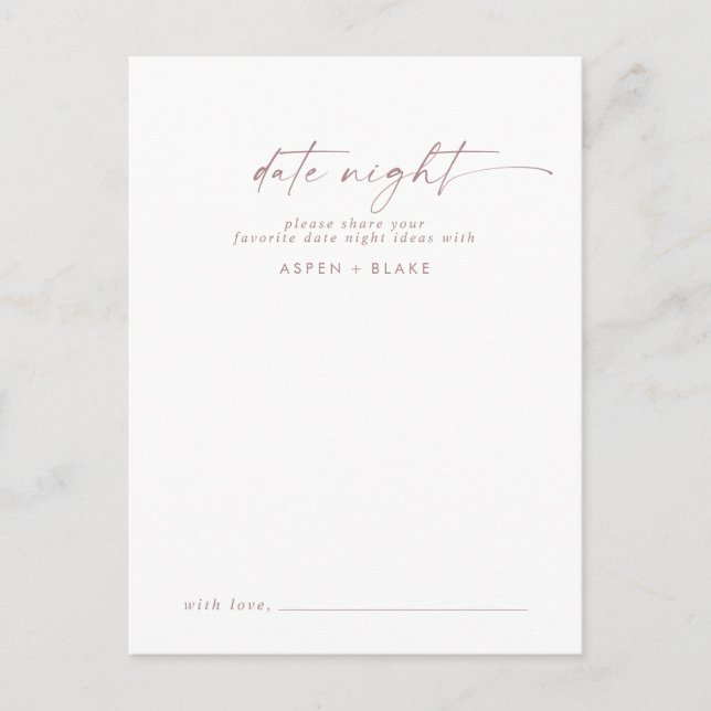 Moderne Rose Gold Script Date Night Idee Hinweiskarte (Vorderseite)