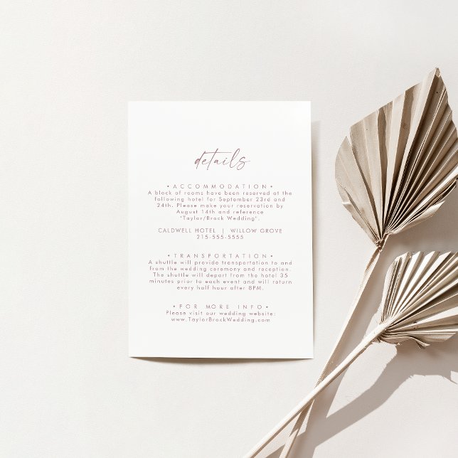 Moderne Rose Gold Script Minimale Hochzeitsdetails Begleitkarte (Modern Rose Gold Script Minimal Wedding Details Enclosure Card)