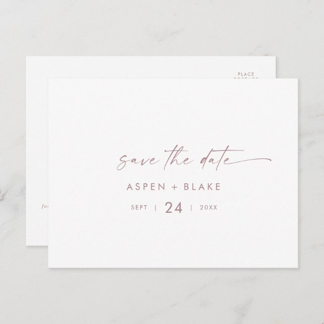 Moderne Rose Gold Script Save the Date Einladungspostkarte (Vorne/Hinten)