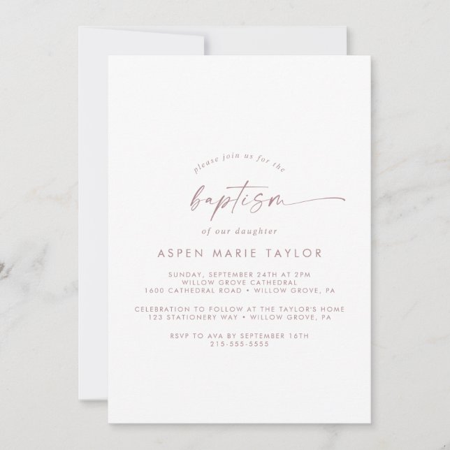Moderne Rose Gold Script Taufe Einladung (Vorderseite)