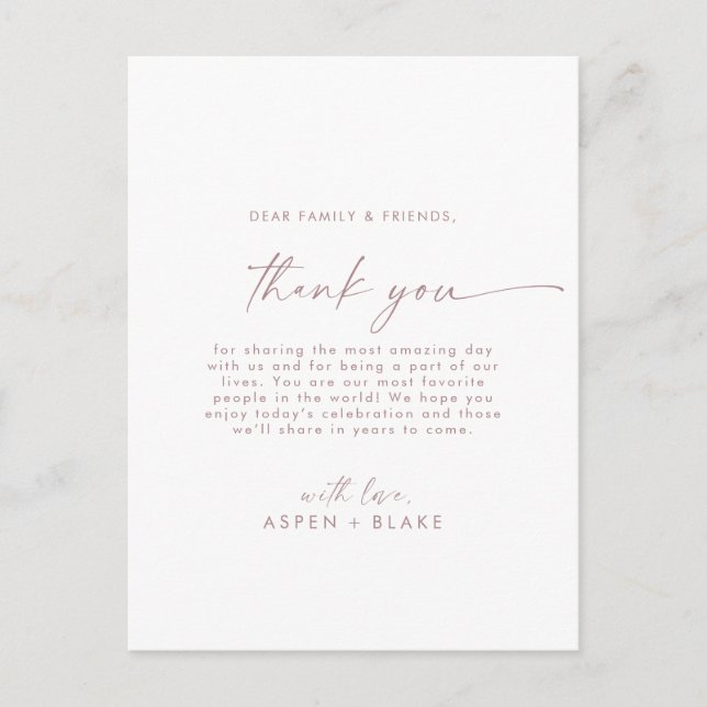 Moderne Rose Gold Script Vielen Dank Empfang Card Postkarte (Vorderseite)