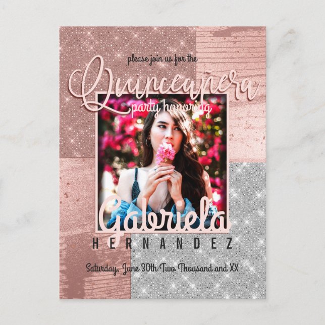 Moderne Rose Gold Silver Glitzer Foto Quinceañera Einladungspostkarte (Vorderseite)