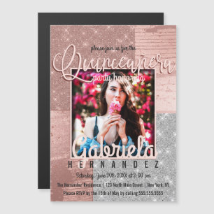 Moderne Rose Gold Silver Glitzer Foto Quinceañera Magneteinladung