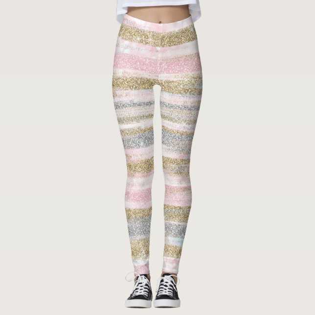 Moderne Rose Gold Silver Glitzer Striche Leggings (Vorderseite)