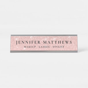 Moderne Rose Gold Sparkle Glitzer Makeup Schreibtischnamensplakette