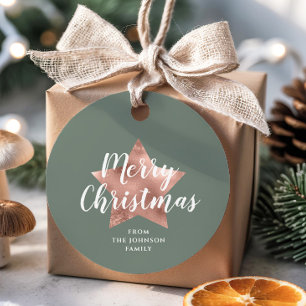 Moderne Rose Gold Star Sage Grün Weihnachten Geschenkanhänger