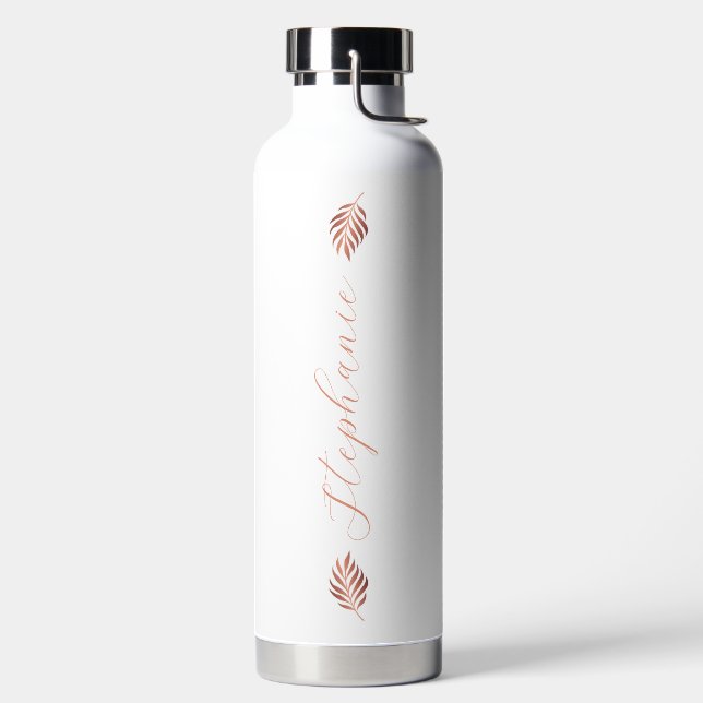 Moderne Rose Gold Tropenleaf mit Namen Trinkflasche (links)