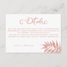 Moderne Rose Gold Tropical Leaf Hochzeitsdetails