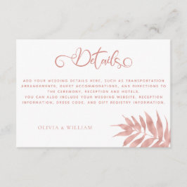 Moderne Rose Gold Tropical Leaf Hochzeitsdetails Begleitkarte