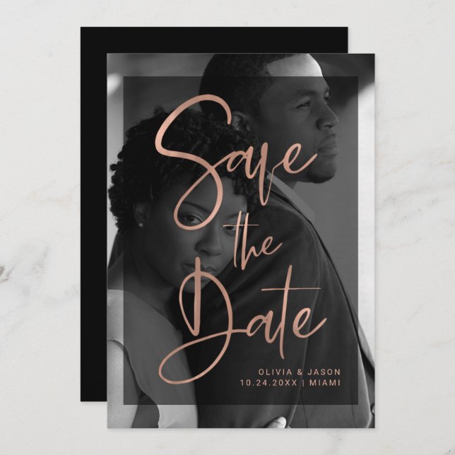 Moderne Rose Gold und Black Overlay | FOTO Save The Date (Vorne/Hinten)