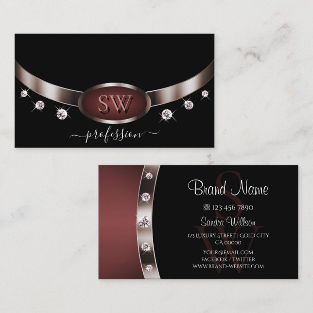 Moderne Rose Gold und Schwarz mit Monogram Diamond Visitenkarte (Vorne/Hinten)