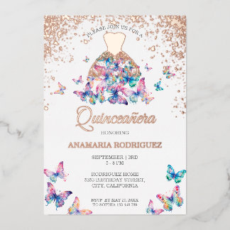 Moderne Rose Goldene Schmetterling Gown Quinseaner Folieneinladung