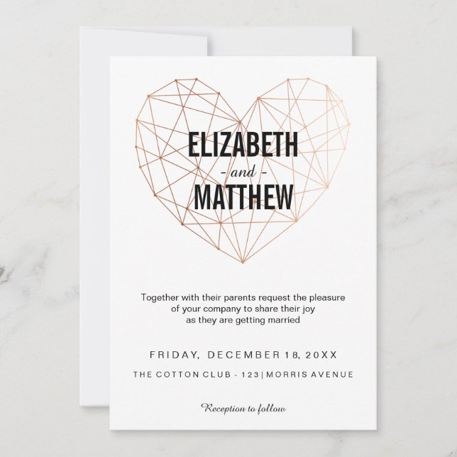 Moderne Rose, goldenes Herz Hochzeit Einladung (Vorderseite)