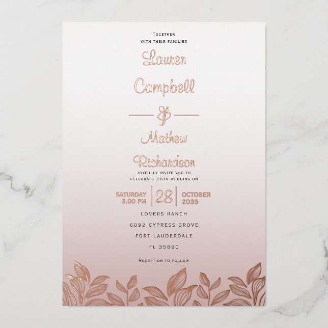 Moderne Rose Goldkalligraphie Das Hochheiraten von Folieneinladung (Vorderseite)