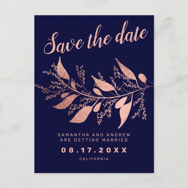Moderne Rose Goldmedaille Save the Date Hochzeit Ankündigungspostkarte (Vorderseite)