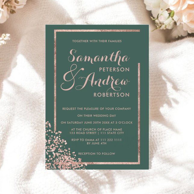 Moderne Rose Goldrahmen grüne Konfetti Hochzeit Einladung (Modern rose gold frame green confetti wedding invitation)